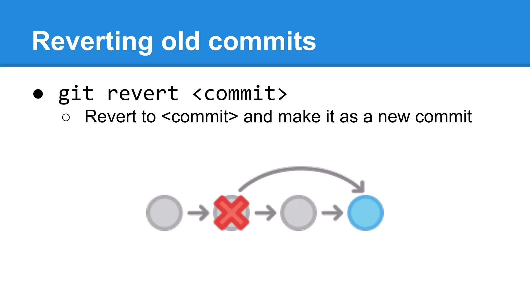 Reverting old commits
● git revert <commit>
○ Revert to <commit> and make it as a new commit

 