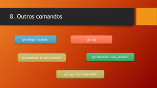 8. Outros comandos

git merge <branch>

git checkout –b <new_branch>

git log

git checkout <new_branch>

git tag 1.0.0 1b2e1d63ff

 