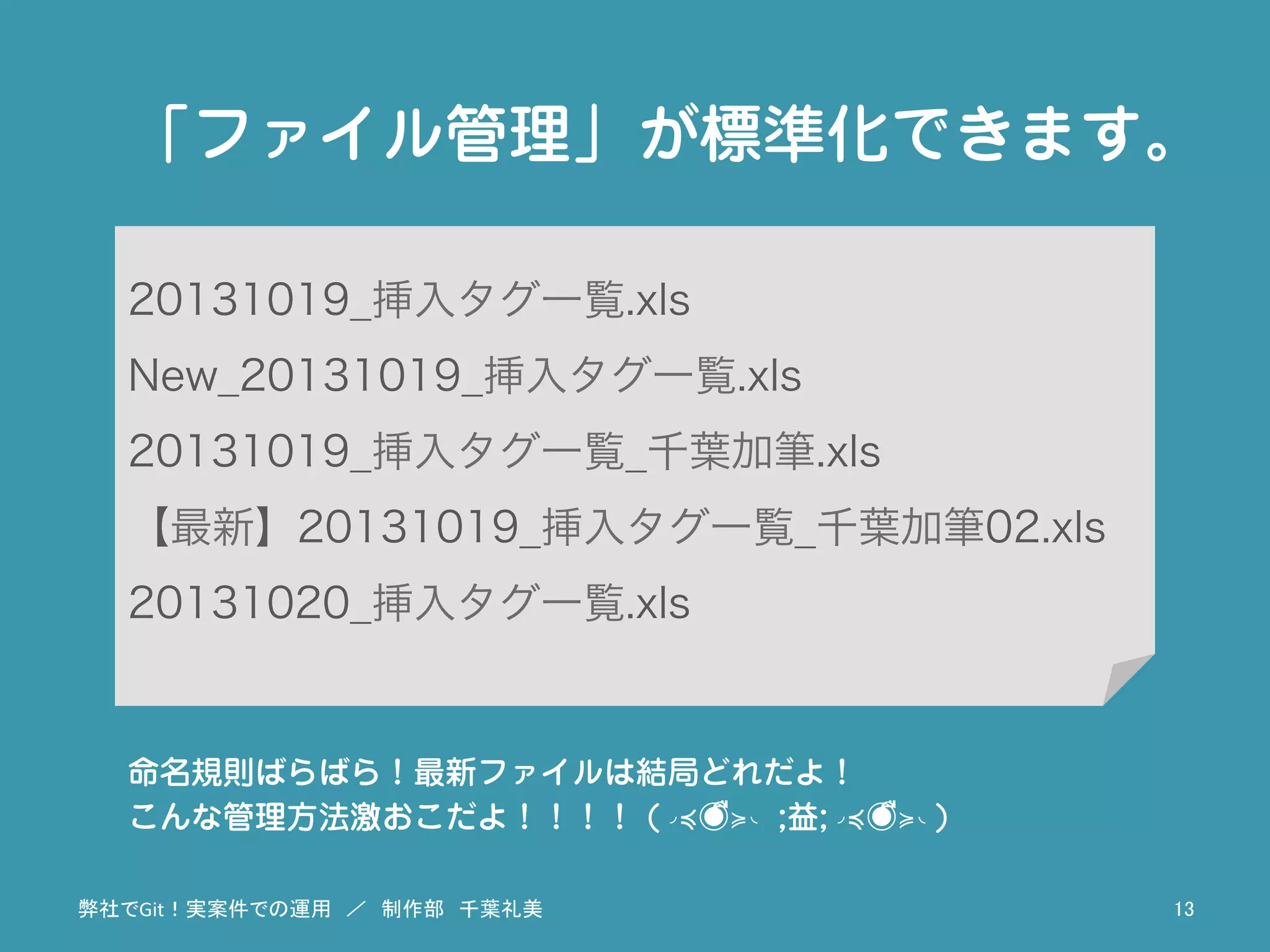 「ファイル管理」が標準化できます。
命名規則ばらばら！最新ファイルは結局どれだよ！
こんな管理方法激おこだよ！！！！ (◞≼◉ื≽◟ ;益;◞≼◉ื≽◟)
20131019_挿入タグ一覧.xls
New_20131019_挿入タグ一覧.xls
20131019_挿入タグ一覧_千葉加筆.xls
【最新】20131019_挿入タグ一覧_千葉加筆02.xls
20131020_挿入タグ一覧.xls
弊社でGit！実案件での運用　／　制作部　千葉礼美	
 13	
 
