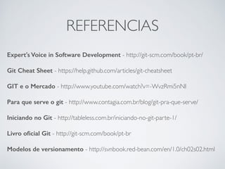 REFERENCIAS
Expert's Voice in Software Development - http://git-scm.com/book/pt-br/	

Git Cheat Sheet - https://help.github.com/articles/git-cheatsheet	

GIT e o Mercado - http://www.youtube.com/watch?v=-WvzRmi5nNI	

Para que serve o git - http://www.contagia.com.br/blog/git-pra-que-serve/	

Iniciando no Git - http://tableless.com.br/iniciando-no-git-parte-1/	

Livro oﬁcial Git - http://git-scm.com/book/pt-br	

Modelos de versionamento - http://svnbook.red-bean.com/en/1.0/ch02s02.html
 