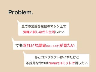 Problem.
全ての変更を複数のマシン上で
気軽に試しながら生活したい
でもきれいな歴史(コミットログ)が見たい
あとコンフリクトはイヤだけど
不採用なやつはrevertコミットで消したい
 