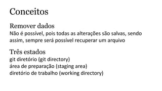 Conceitos
Remover dados
Não é possível, pois todas as alterações são salvas, sendo
assim, sempre será possível recuperar um arquivo
Três estados
git diretório (git directory)
área de preparação (staging area)
diretório de trabalho (working directory)
 