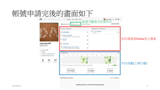 帳號申請完後的畫面如下
你的專案與Fallow別人專案
你的貢獻(上傳次數)
點選可觀看全部資料夾
2014/8/13 9
 