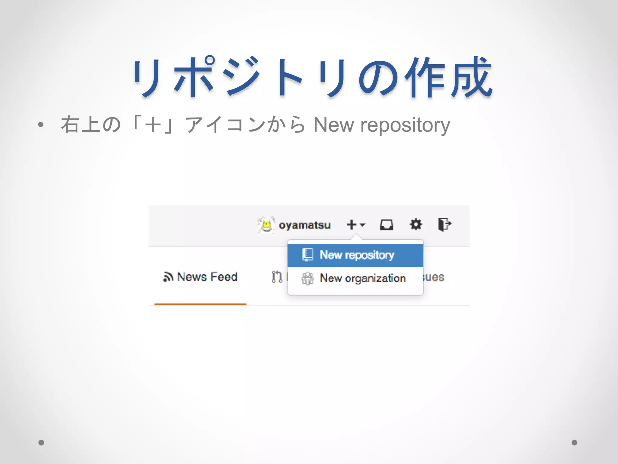 リポジトリの作成 
• 右上の「＋」アイコンからNew repository 
 
