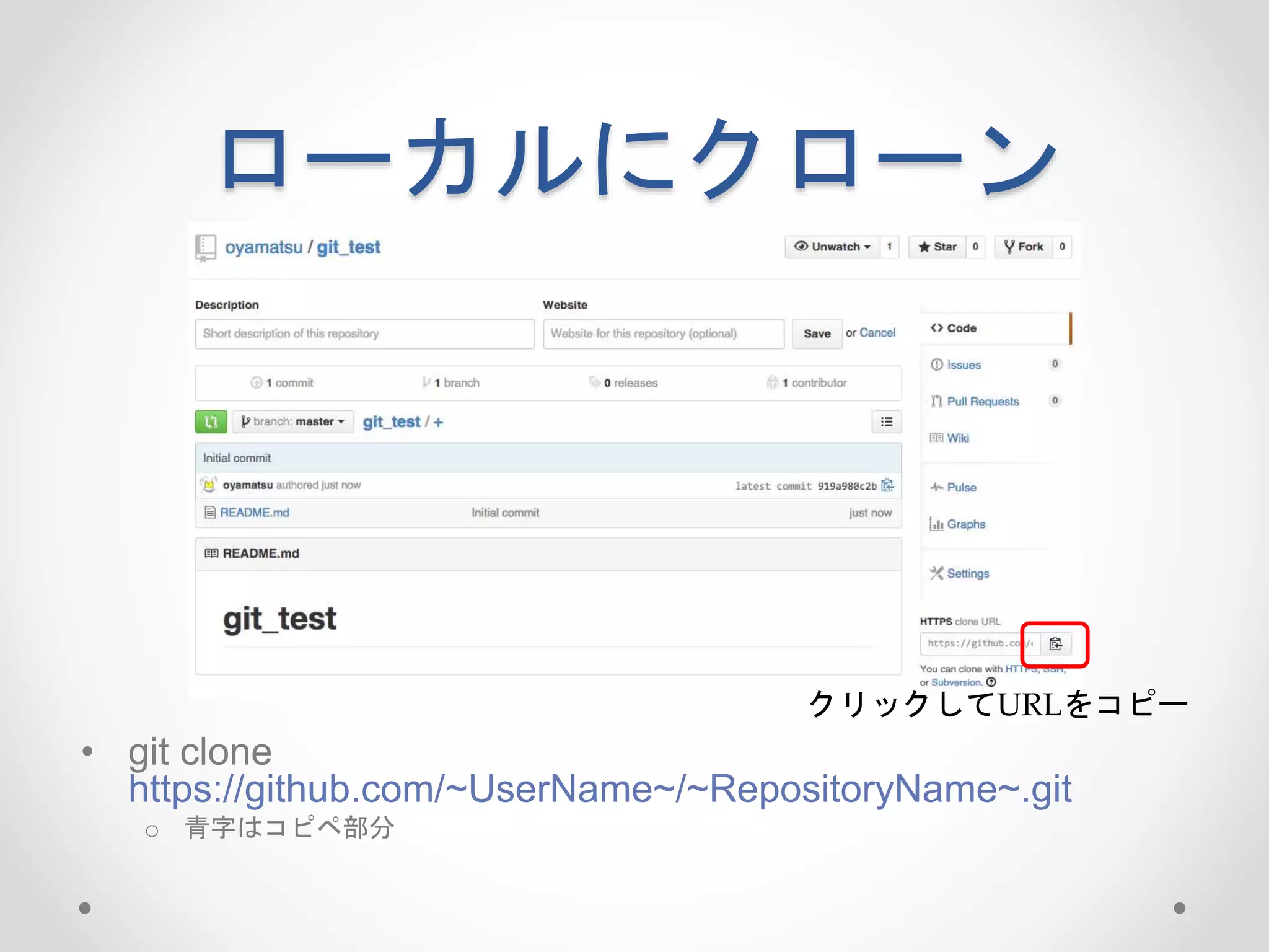 ローカルにクローン 
クリックしてURLをコピー 
• git clone 
https://github.com/~UserName~/~RepositoryName~.git 
o 青字はコピペ部分 
 