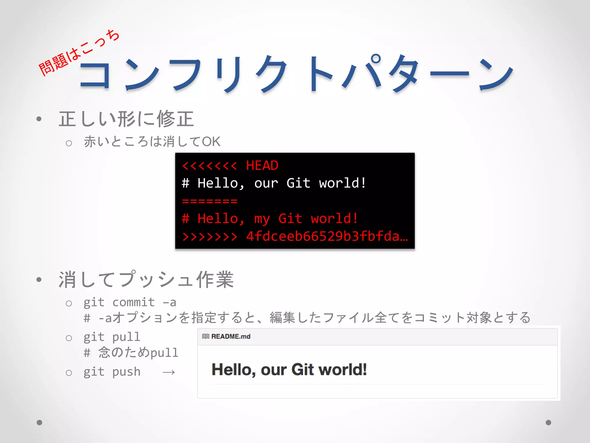 コンフリクトパターン 
• 正しい形に修正 
o 赤いところは消してOK 
• 消してプッシュ作業 
o git commit –a 
# -aオプションを指定すると、編集したファイル全てをコミット対象とする 
o git pull 
# 念のためpull 
o git push → 
<<<<<<< HEAD 
# Hello, our Git world! 
======= 
# Hello, my Git world! 
>>>>>>> 4fdceeb66529b3fbfda… 
 