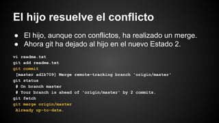 El hijo resuelve el conflicto
● El hijo, aunque con conflictos, ha realizado un merge.
● Ahora git ha dejado al hijo en el nuevo Estado 2.
vi readme.txt
git add readme.txt
git commit
[master ad1b709] Merge remote-tracking branch 'origin/master'
git status
# On branch master
# Your branch is ahead of 'origin/master' by 2 commits.
git fetch
git merge origin/master
Already up-to-date.
 
