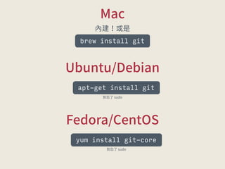 .BD 
Ⰹ䒊䧴僽 
brew install git 
6CVOUV%FCJBO 
apt-get install git 
ⴽ䘎✫TVEP 
'FEPSB$FOU04 
yum install git-core 
ⴽ䘎✫TVEP 
 