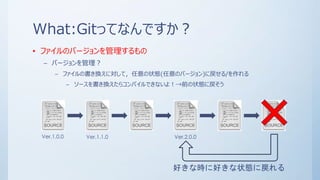 What:Gitってなんですか？
• ファイルのバージョンを管理するもの
– バージョンを管理？
– ファイルの書き換えに対して，任意の状態(任意のバージョン)に戻せる/を作れる
– ソースを書き換えたらコンパイルできないよ！→前の状態に戻そう
Ver.1.0.0 Ver.1.1.0 Ver.2.0.0
好きな時に好きな状態に戻れる
 