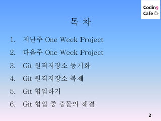 목 차
1. 지난주 One Week Project
2. 다음주 One Week Project
3. Git 원격저장소 동기화
4. Git 원격저장소 복제
5. Git 협업하기
6. Git 협업 중 충돌의 해결
2
 
