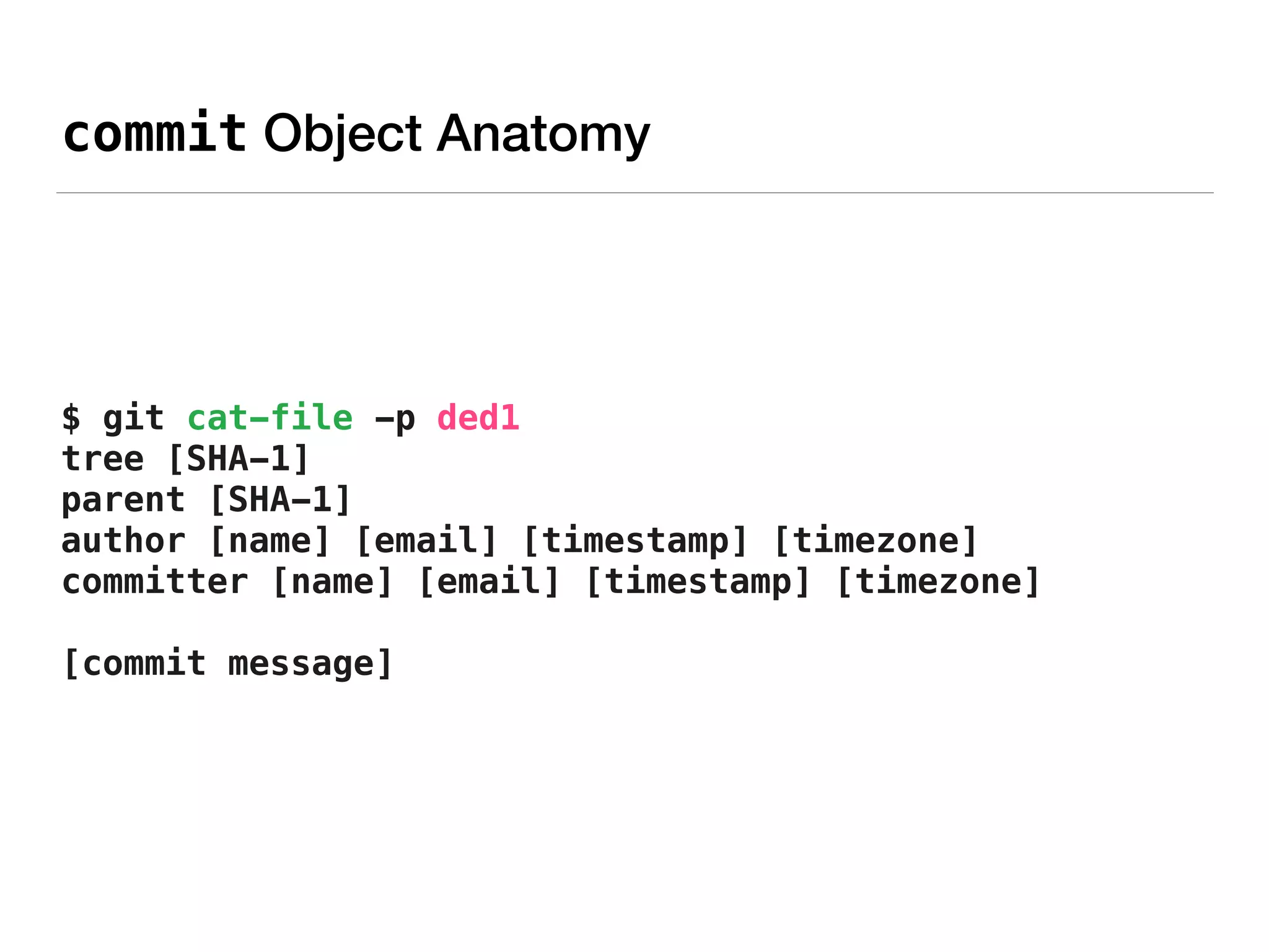 commit Object Anatomy
$ echo "another test commit" | git commit-tree 3266 -p
1fa2 
ded15c0a38dcf226cfbc4838a9d78cd3f8d82baf
$ git cat-file -p ded1 
tree [SHA-1] 
parent [SHA-1] 
author [name] [email] [timestamp] [timezone] 
committer [name] [email] [timestamp] [timezone] 
 
[commit message]
 