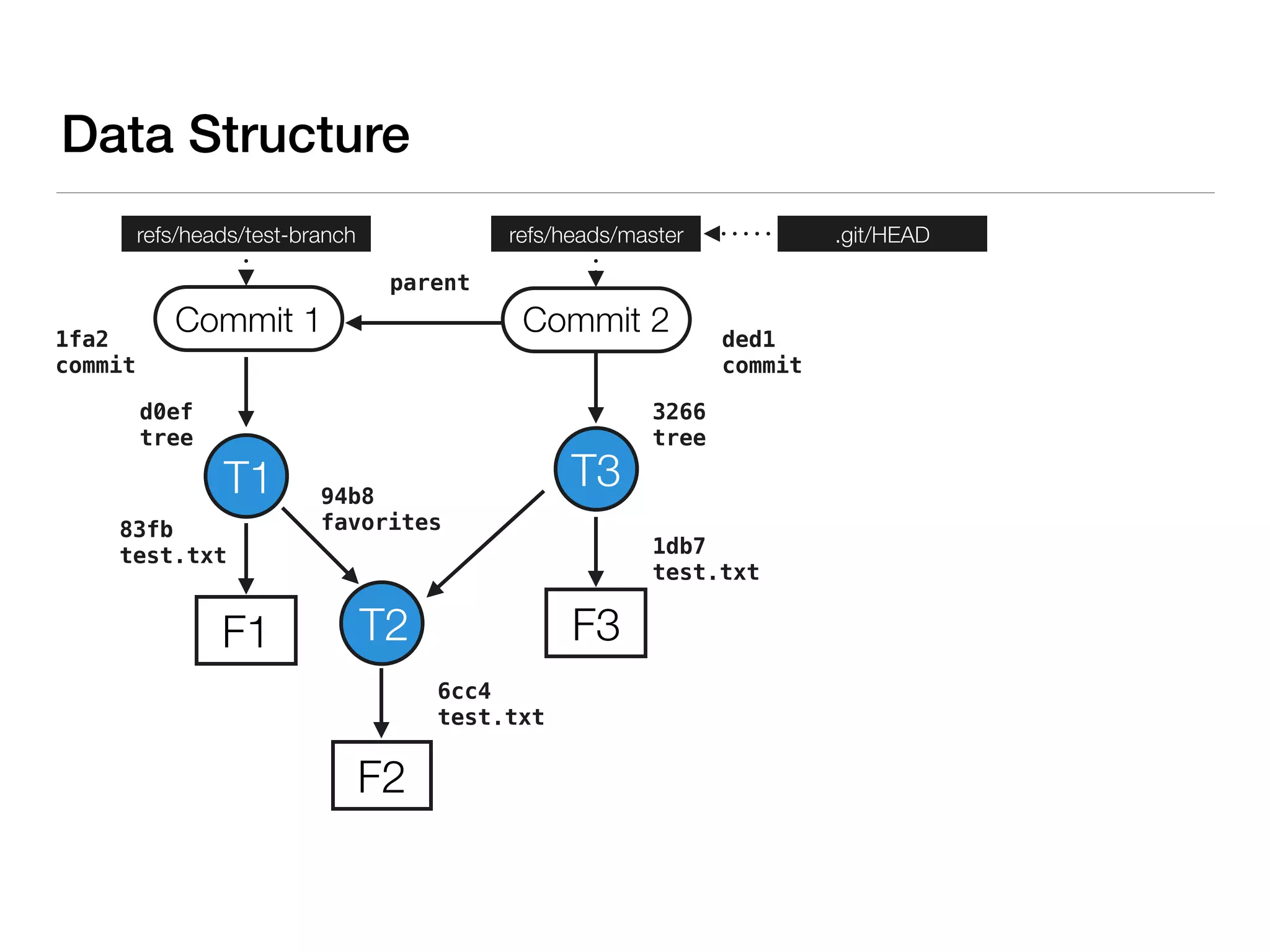 T1
F1
F2
83fb
test.txt
94b8
favorites
6cc4
test.txt
T2
T3
F3
Data Structure
1db7
test.txt
Commit 1 Commit 2
parent
refs/heads/test-branch refs/heads/master .git/HEAD
d0ef
tree
3266
tree
ded1
commit
1fa2
commit
 