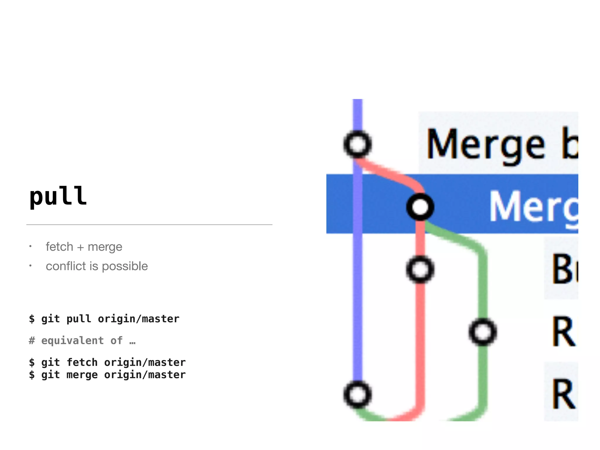 pull
• fetch + merge

• conﬂict is possible

$ git pull origin/master
# equivalent of …
$ git fetch origin/master 
$ git merge origin/master
 