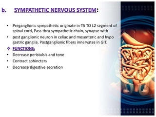 :
• Preganglionic sympathetic originate in T5 TO L2 segment of
spinal cord, Pass thru sympathetic chain, synapse with
• post ganglionic neuron in celiac and mesenteric and hypo
gastric ganglia. Postganglionic fibers innervates in GIT.
• Decrease peristalsis and tone
• Contract sphincters
• Decrease digestive secretion
 