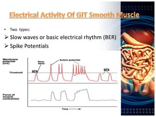 • Two types:
 Slow waves or basic electrical rhythm (BER)
 Spike Potentials
BER
BER
 