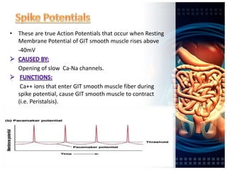 • These are true Action Potentials that occur when Resting
Membrane Potential of GIT smooth muscle rises above
-40mV
Opening of slow Ca-Na channels.
Ca++ ions that enter GIT smooth muscle fiber during
spike potential, cause GIT smooth muscle to contract
(i.e. Peristalsis).
 