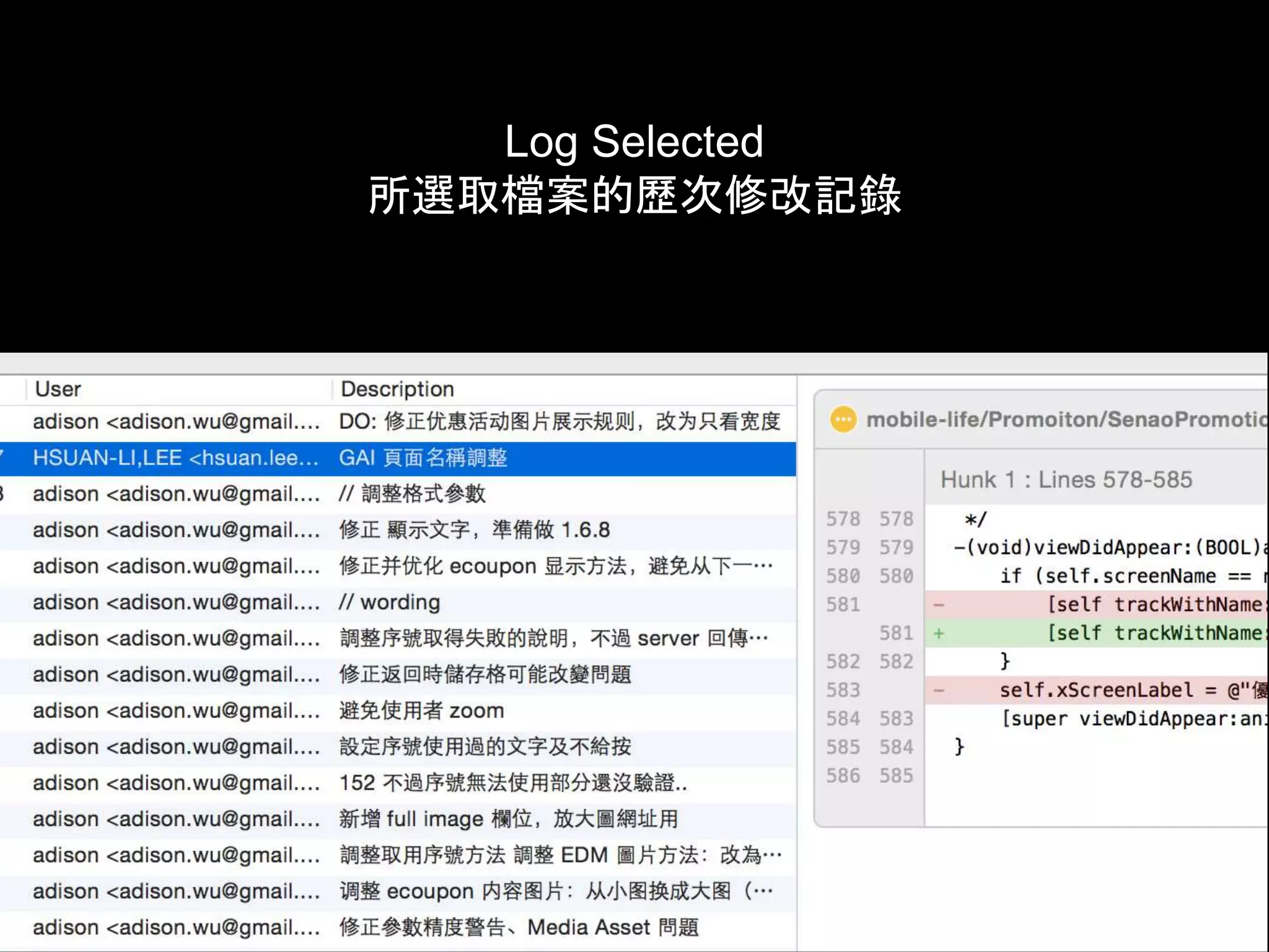 Log Selected
所選取檔案的歷次修改記錄
 