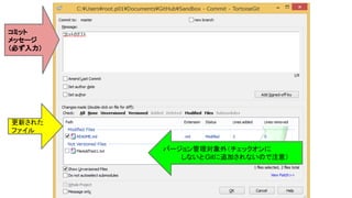 更新された
ファイル
バージョン管理対象外（チェックオンに
　　　　しないとGitに追加されないので注意）
コミット
メッセージ
（必ず入力）
 