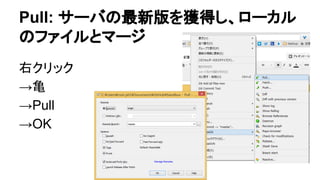Pull: サーバの最新版を獲得し、ローカル
のファイルとマージ
右クリック
&rarr;亀
&rarr;Pull
&rarr;OK
 