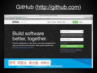 Git command ﬂow
remote
repository
Working
Directory
Staging
Area
local
repository
commit -a
add
checkout
checkout HEAD
commit
fetch
push
pull(fetch + merge)
 