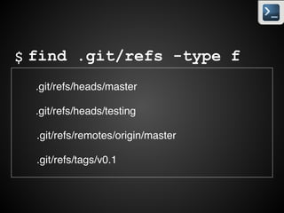 The .git folder
.git/	
index	
config	
description	
HEAD	
hooks/	
info/	
objects/	
refs/	
logs/
저장소 내용은 .git 폴더에 있음(.git을 지우면 저장소 내용이 삭제됨)
= git add
 