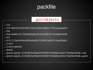 packﬁle
git gc$
$ git gc!
Counting objects: 73, done.!
Delta compression using up to 8 threads.!
Compressing objects: 100% (45/45), done.!
Writing objects: 100% (73/73), done.!
Total 73 (delta 22), reused 0 (delta 0)
 