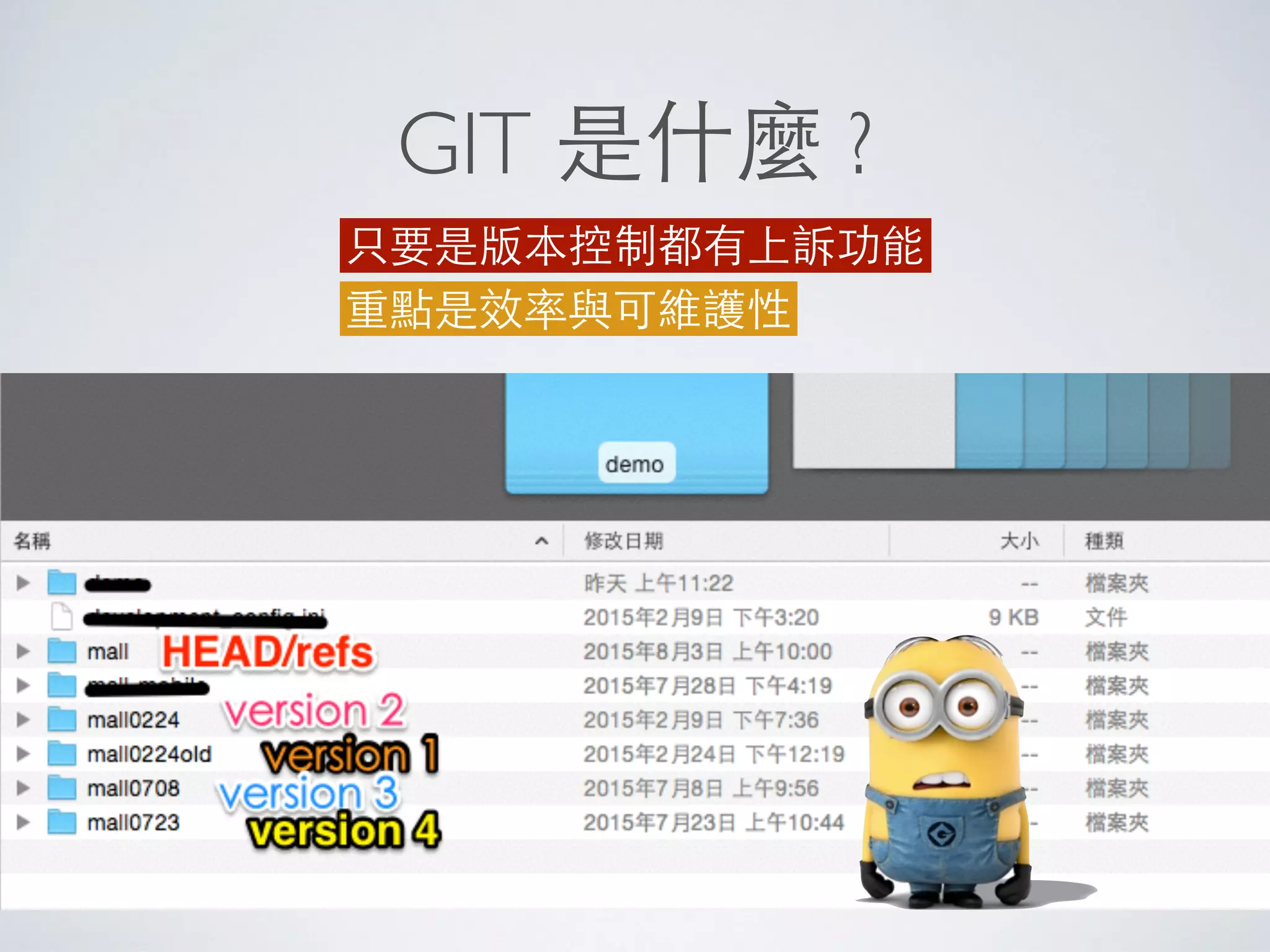 GIT 是什麼 ?
只要是版本控制都有上訴功能
重點是效率與可維護性
 