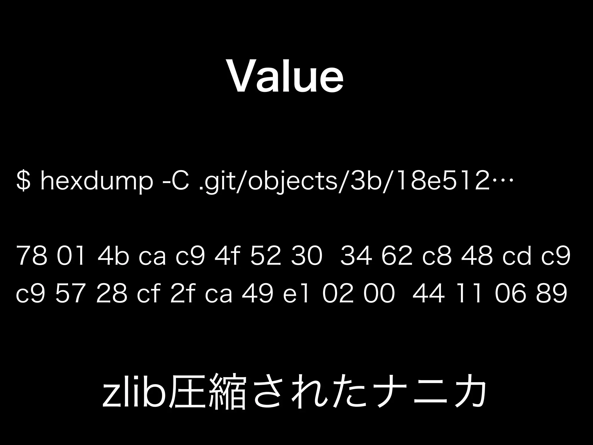 $ hexdump -C .git/objects/3b/18e512…
78 01 4b ca c9 4f 52 30 34 62 c8 48 cd c9
c9 57 28 cf 2f ca 49 e1 02 00 44 11 06 89
Value
zlib圧縮されたナニカ
 
