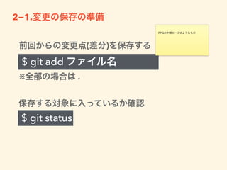 $ git conﬁg --global user.name “your name"
$ git conﬁg --global user.email “your mailaddress"
誰がどんな変更を行ったか分かるようにする為に 
ユーザー登録(みたいなこと)を行う。
1-2.ユーザー登録
 