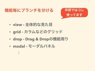 • developブランチ - 開発用
• testブランチ - 開発したものをテストする
• masterブランチ - リリース用
よくあるブランチの切り方
 