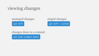 viewing changes
git diff
unstaged changes
git show [commit hash]
changes done in a commit
git diff --cached
staged changes
 