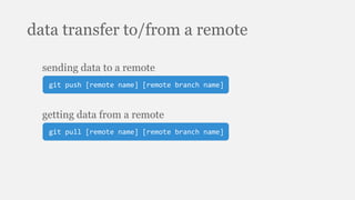 data transfer to/from a remote
git push [remote name] [remote branch name]
sending data to a remote
git pull [remote name] [remote branch name]
getting data from a remote
 