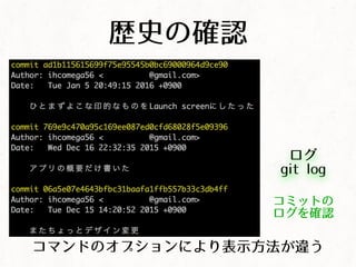歴史の確認
ログ
git log
コミットの
ログを確認
コマンドのオプションにより表示方法が違う
 