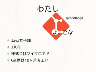 わたし
Java女子部
JJUG
株式会社マイクロアド
Git歴は10ヶ月ちょい
@ihcomega
こなよ
 