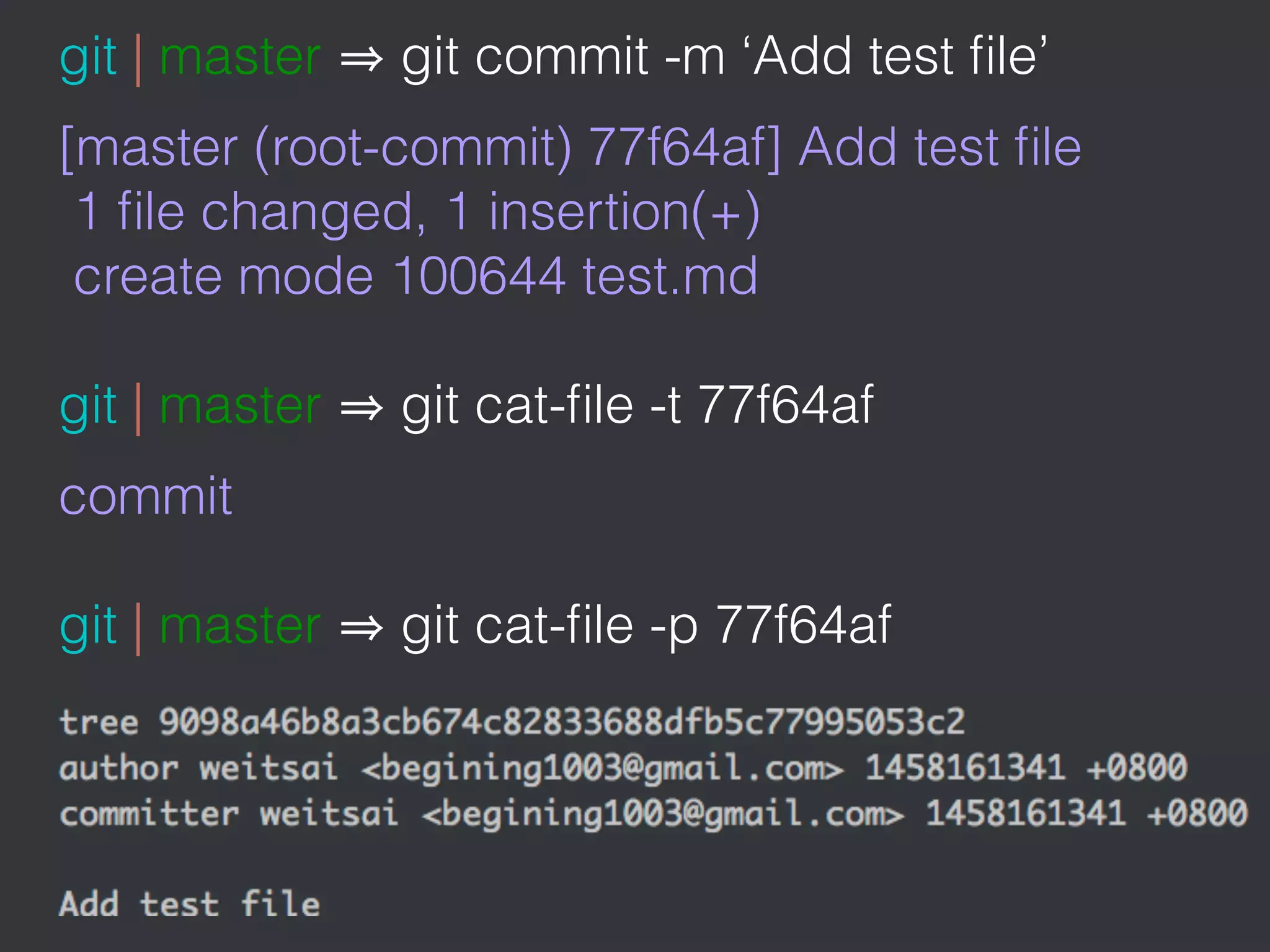 git | master git commit -m ‘Add test ﬁle’
[master (root-commit) 77f64af] Add test ﬁle
1 ﬁle changed, 1 insertion(+)
create mode 100644 test.md
git | master git cat-ﬁle -t 77f64af
commit
git | master git cat-ﬁle -p 77f64af
 