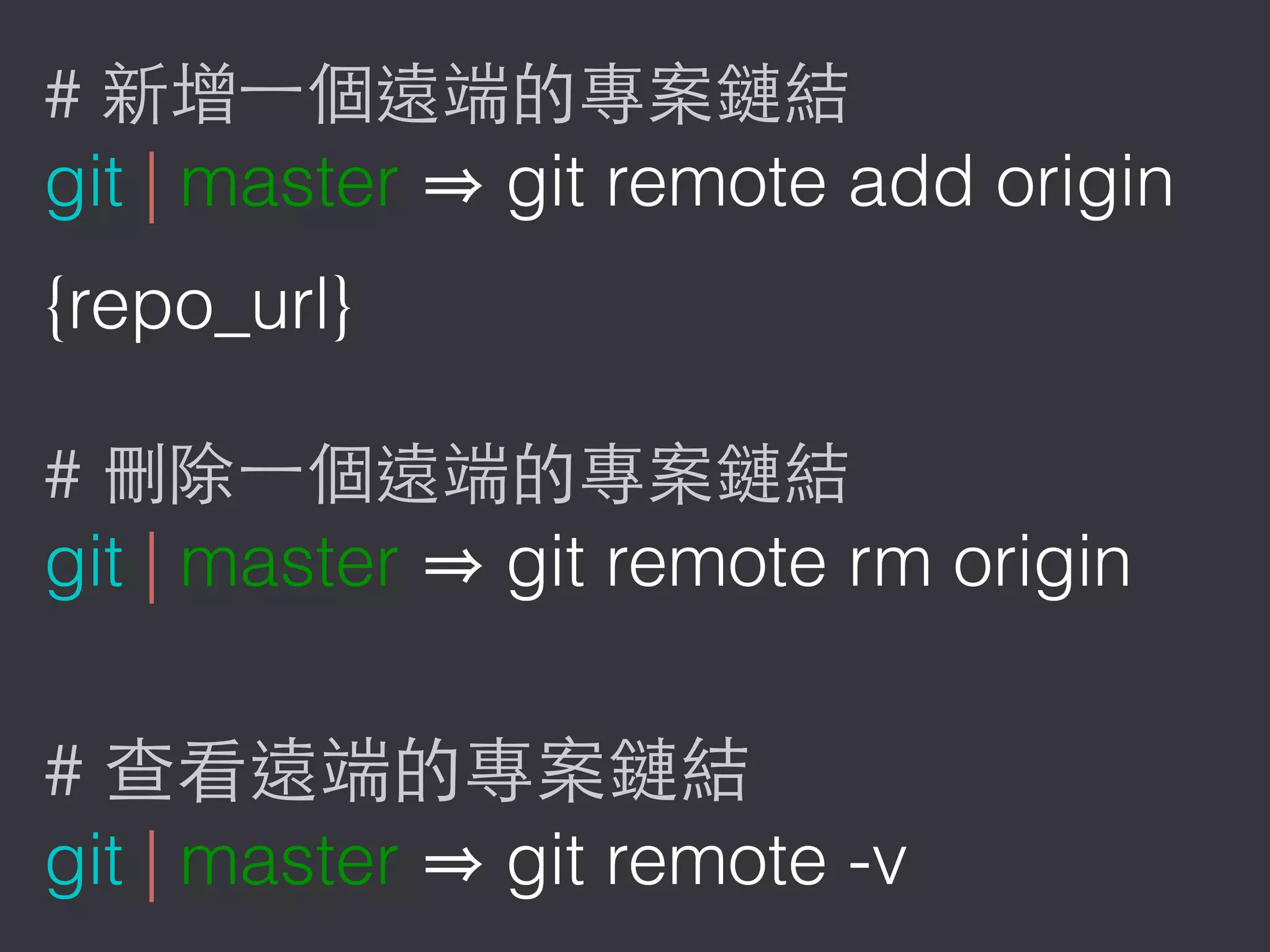 #
git | master git remote add origin
{repo_url}
#
git | master git remote rm origin
#
git | master git remote -v
 