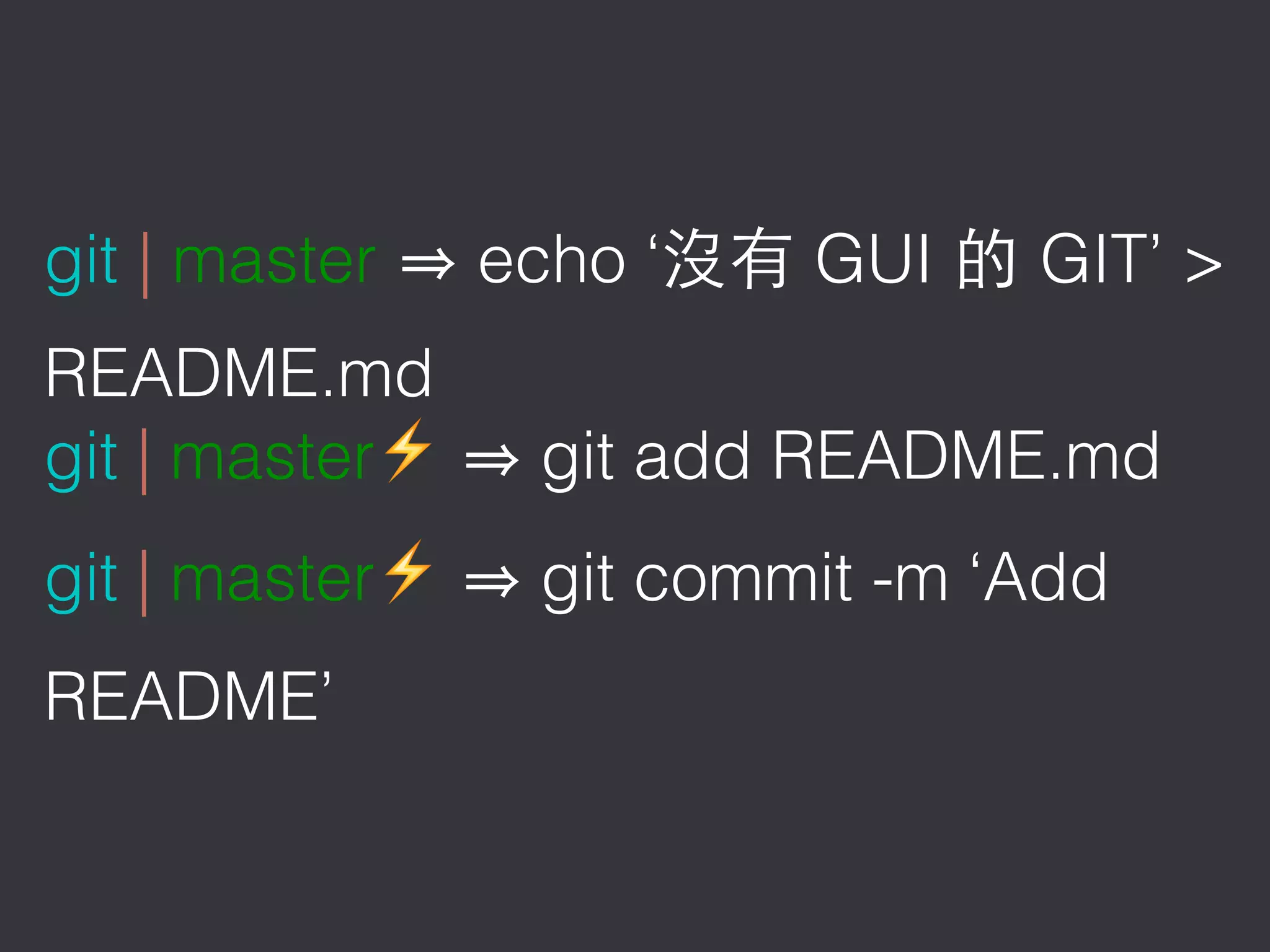 git | master echo ‘ GUI GIT’ >
README.md
git | master⚡ git add README.md
git | master⚡ git commit -m ‘Add
README’
 