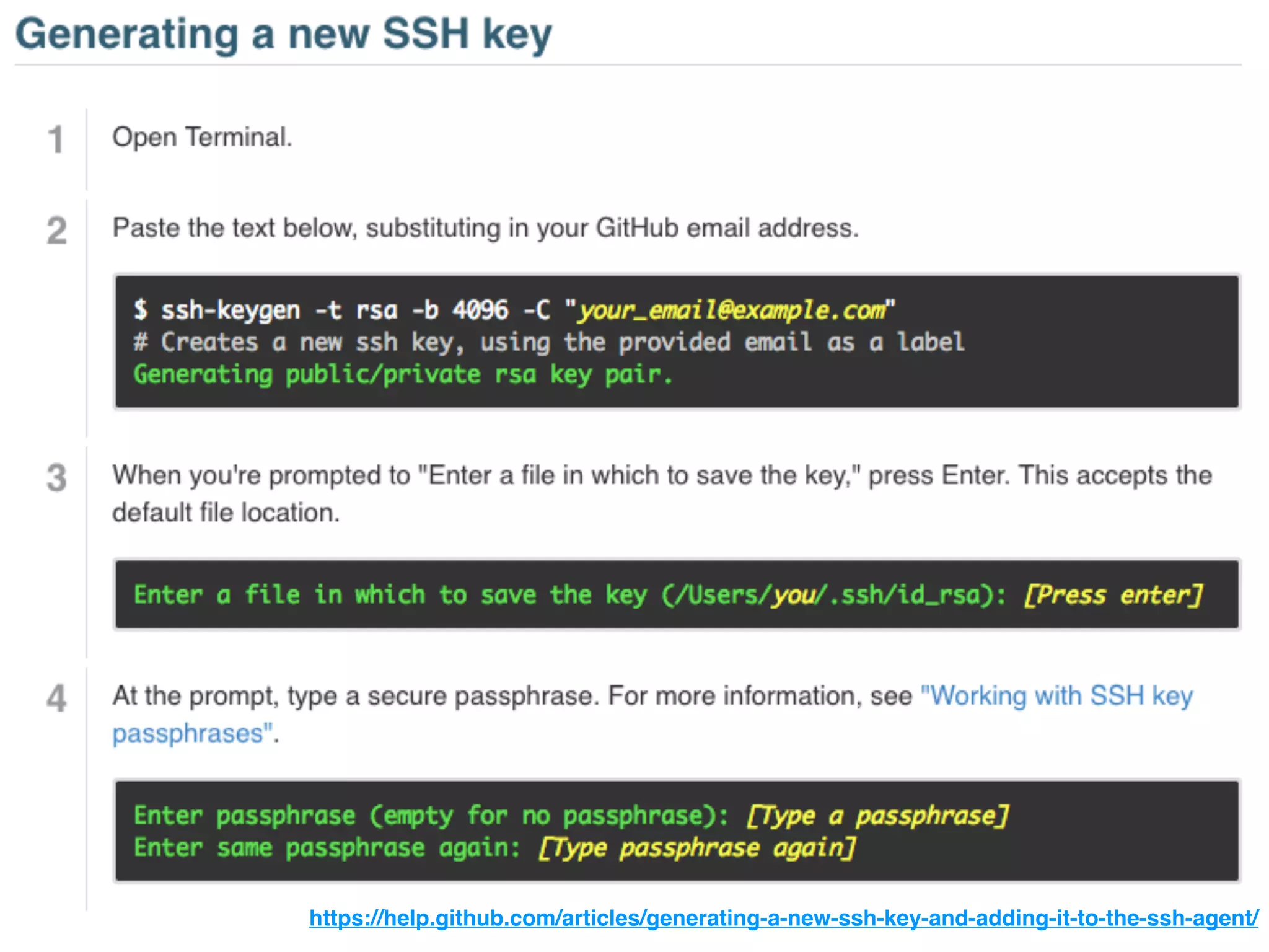 https://help.github.com/articles/generating-a-new-ssh-key-and-adding-it-to-the-ssh-agent/
 