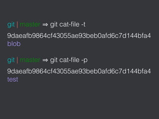git | master git cat-ﬁle -t
9daeafb9864cf43055ae93beb0afd6c7d144bfa4
blob
git | master git cat-ﬁle -p
9daeafb9864cf43055ae93beb0afd6c7d144bfa4
test
 