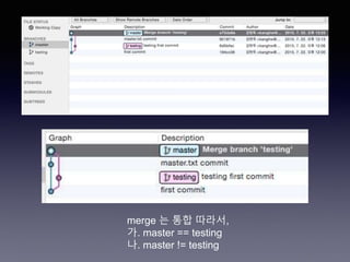 merge 는 통합 따라서,
가. master == testing
나. master != testing
 