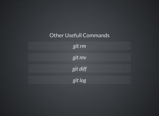 Other Usefull Commands
git rm
git mv
git diff
git log
 