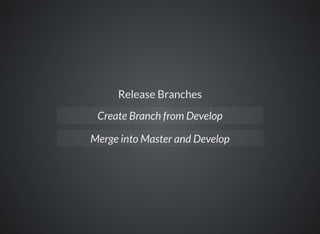 Release Branches
Create Branch from Develop
Merge into Master and Develop
 