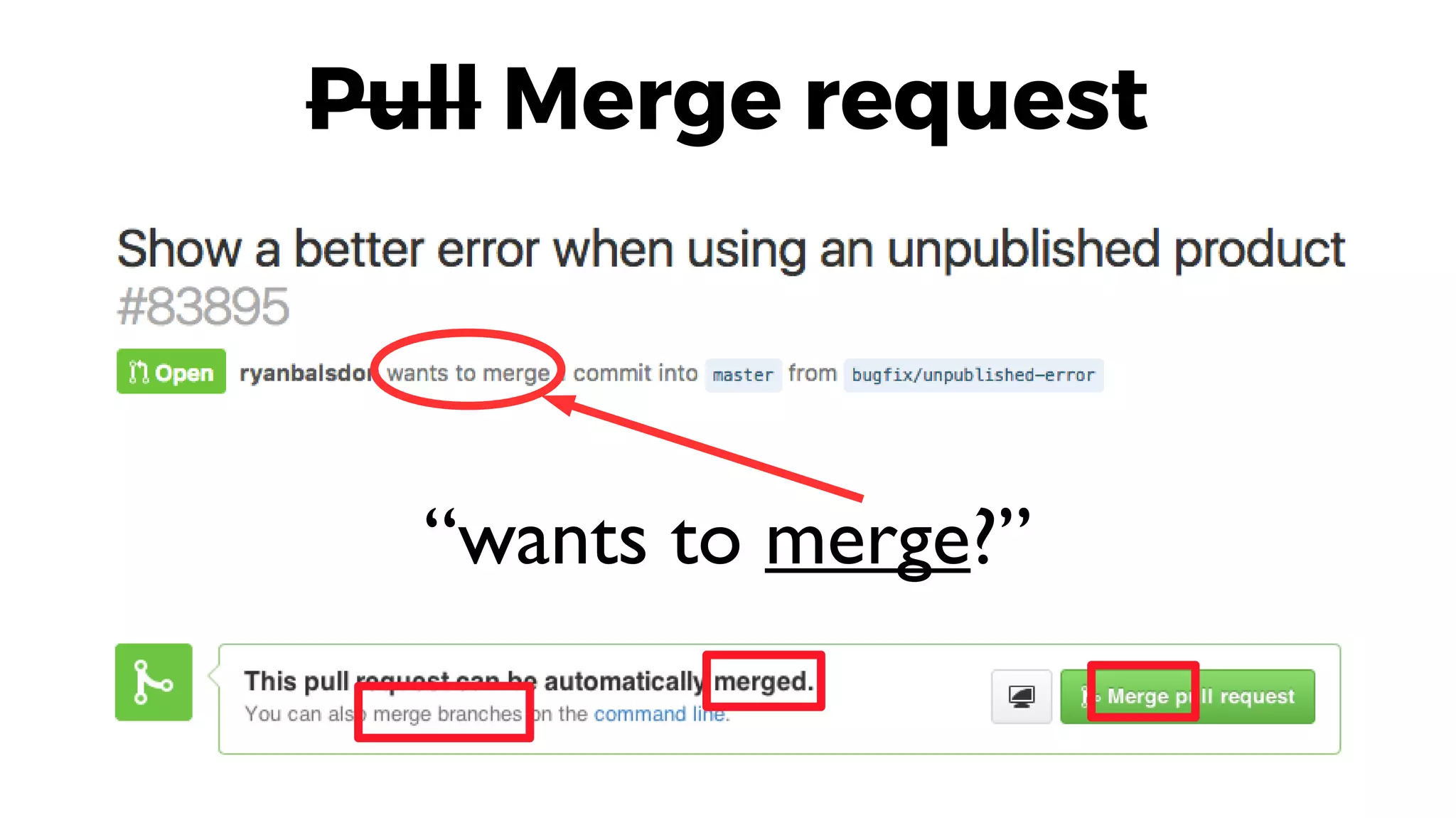 Pull Merge request
“wants to merge?”
 