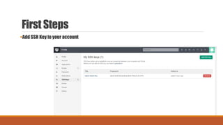 First Steps
Add SSH Key to your account
 
