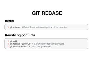 GIT REBASE
$ git rebase # Reapply commits on top of another base tip
Basic
$ git add .
$ git rebase --continue # Continue the rebasing process
$ git rebase --abort # Undo the git rebase
Resolving conﬂicts
 