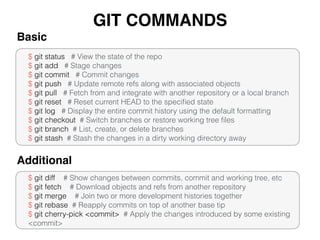 GIT COMMANDS
$ git status # View the state of the repo
$ git add # Stage changes
$ git commit # Commit changes
$ git push # Update remote refs along with associated objects
$ git pull # Fetch from and integrate with another repository or a local branch
$ git reset # Reset current HEAD to the speciﬁed state
$ git log # Display the entire commit history using the default formatting
$ git checkout # Switch branches or restore working tree ﬁles
$ git branch # List, create, or delete branches
$ git stash # Stash the changes in a dirty working directory away
Basic
$ git diff # Show changes between commits, commit and working tree, etc
$ git fetch # Download objects and refs from another repository
$ git merge # Join two or more development histories together
$ git rebase # Reapply commits on top of another base tip
$ git cherry-pick <commit> # Apply the changes introduced by some existing
<commit>
Additional
 