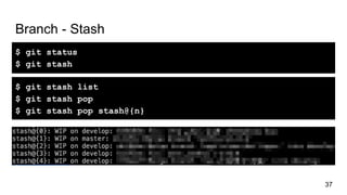 Branch - Stash
37
$ git status
$ git stash
$ git stash list
$ git stash pop
$ git stash pop stash@{n}
 