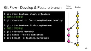 Git Flow - Develop & Feature branch
$ git flow feature start myfeature
# 等於以下的事情
$ git checkout -b feature/myfeature develop
$ git flow feature finish myfeature
# 等於以下的事情
$ git checkout develop
$ git merge --no-ff myfeature
$ git branch -d feature/myfeature
46
 