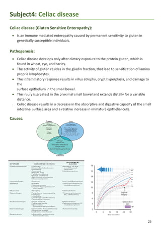 23
Subject4: Celiac disease
Celiac disease (Gluten Sensitive Enteropathy):
 Is an immune mediated enteropathy caused by permanent sensitivity to gluten in
genetically susceptible individuals.
Pathogenesis:
 Celiac disease develops only after dietary exposure to the protein gluten, which is
found in wheat, rye, and barley.
 The activity of gluten resides in the gliadin fraction, that lead to sensitization of lamina
propria lymphocytes.
 The inflammatory response results in villus atrophy, crypt hyperplasia, and damage to
the
surface epithelium in the small bowel.
 The injury is greatest in the proximal small bowel and extends distally for a variable
distance.
 Celiac disease results in a decrease in the absorptive and digestive capacity of the small
intestinal surface area and a relative increase in immature epithelial cells.
Causes:
 