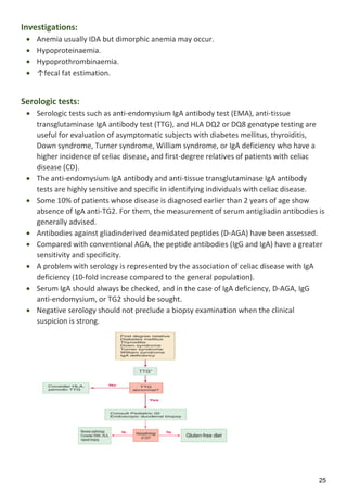 25
Investigations:
 Anemia usually IDA but dimorphic anemia may occur.
 Hypoproteinaemia.
 Hypoprothrombinaemia.
 ↑fecal fat estimation.
Serologic tests:
 Serologic tests such as anti-endomysium IgA antibody test (EMA), anti-tissue
transglutaminase IgA antibody test (TTG), and HLA DQ2 or DQ8 genotype testing are
useful for evaluation of asymptomatic subjects with diabetes mellitus, thyroiditis,
Down syndrome, Turner syndrome, William syndrome, or IgA deficiency who have a
higher incidence of celiac disease, and first-degree relatives of patients with celiac
disease (CD).
 The anti-endomysium IgA antibody and anti-tissue transglutaminase IgA antibody
tests are highly sensitive and specific in identifying individuals with celiac disease.
 Some 10% of patients whose disease is diagnosed earlier than 2 years of age show
absence of IgA anti-TG2. For them, the measurement of serum antigliadin antibodies is
generally advised.
 Antibodies against gliadinderived deamidated peptides (D-AGA) have been assessed.
 Compared with conventional AGA, the peptide antibodies (IgG and IgA) have a greater
sensitivity and specificity.
 A problem with serology is represented by the association of celiac disease with IgA
deficiency (10-fold increase compared to the general population).
 Serum IgA should always be checked, and in the case of IgA deficiency, D-AGA, IgG
anti-endomysium, or TG2 should be sought.
 Negative serology should not preclude a biopsy examination when the clinical
suspicion is strong.
 